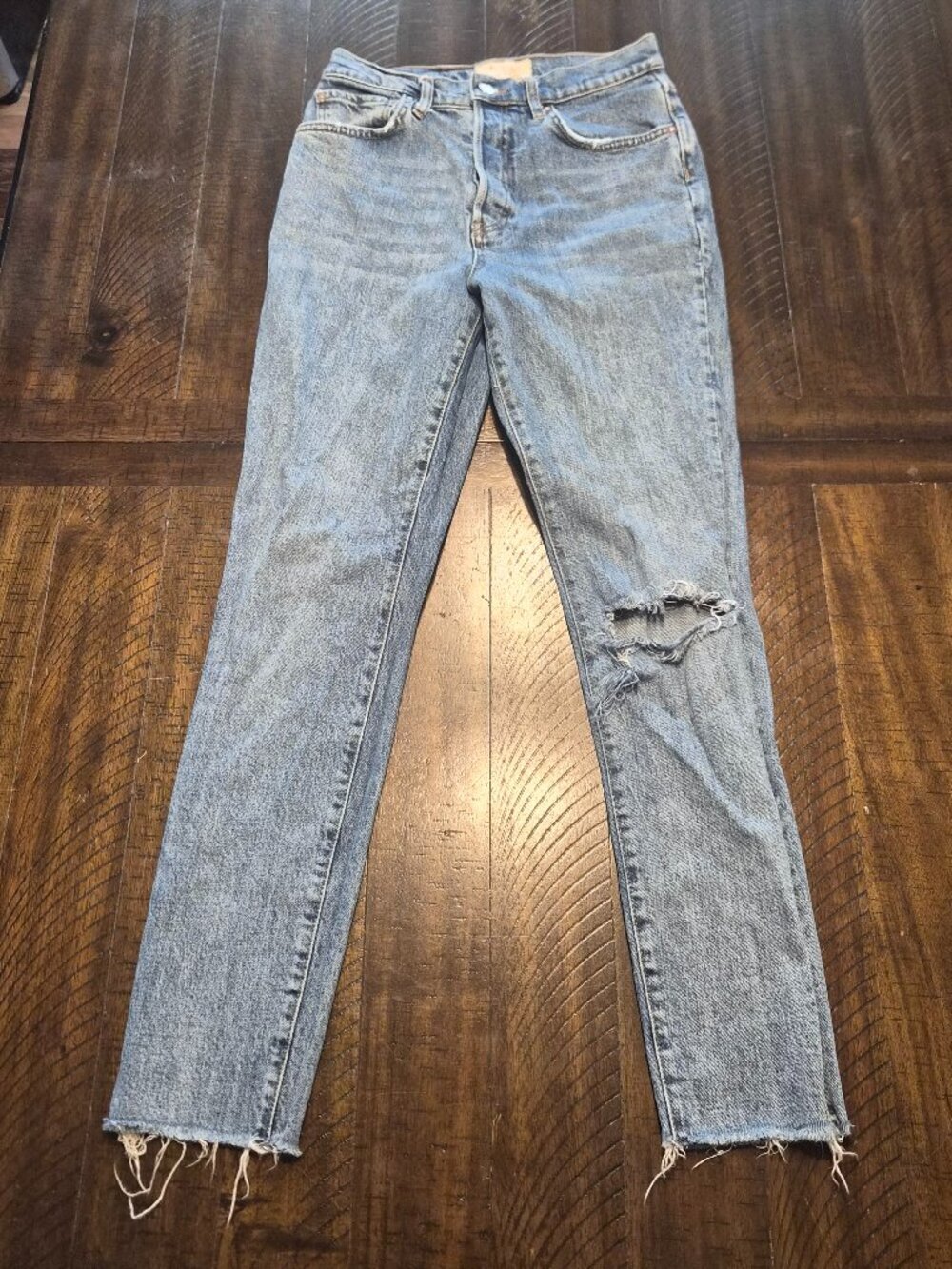 We the Free Womens Jeans Sz 28 High Rise Straight Blue Distressed Raw Hem G775
